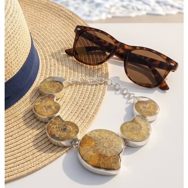 Large 155.2g Aura Of Beauty genuine Ammonite from dinosaurs Era .925 Sterling Silver handcrafted Necklace - Ammonite necklace on straw hat with sunglasses, beach background
