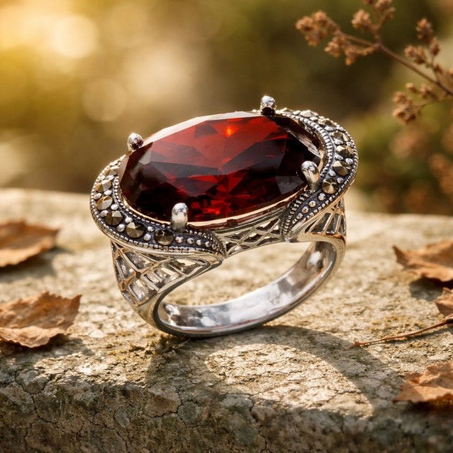 Red Power Authentic 25.4 carat Garnet .925 Sterling Silver brilliantly handcrafted large Statement Ring size 7 - Close-up of 25.4 carat garnet ring in .925 sterling silver setting