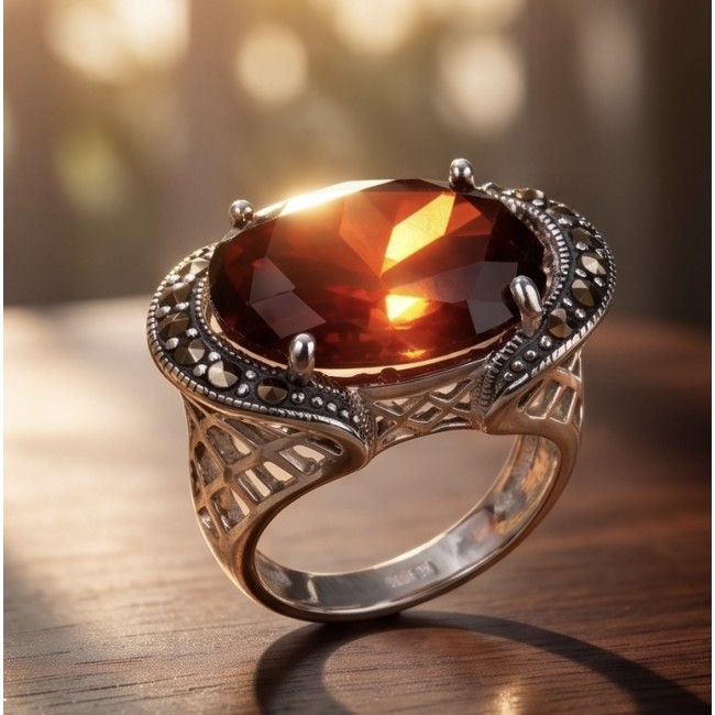 Red Power Authentic 25.4 carat Garnet .925 Sterling Silver brilliantly handcrafted large Statement Ring size 7 - Close-up of a garnet ring with intricate sterling silver setting