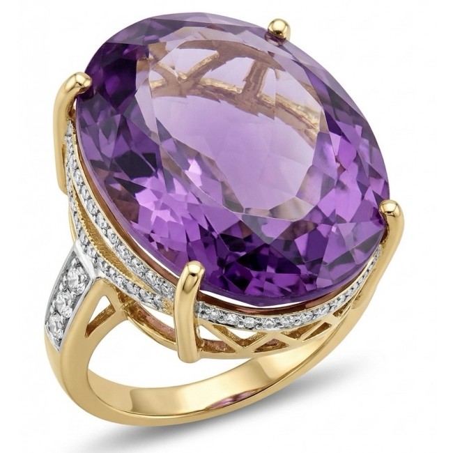 Empress of Uruguay 32.2 carat natural Amethyst .925 Sterling Silver dipped in 22K Gold Handcrafted Ring size 7 3/4 - Gold ring with large oval amethyst and diamond accents, side view.