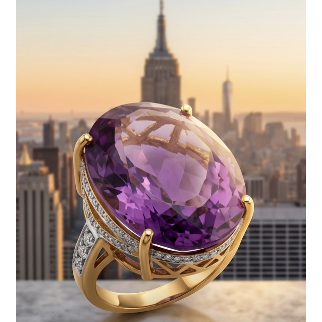 Empress of Uruguay 32.2 carat natural Amethyst .925 Sterling Silver dipped in 22K Gold Handcrafted Ring size 7 3/4 - Amethyst ring close-up against a cityscape background.