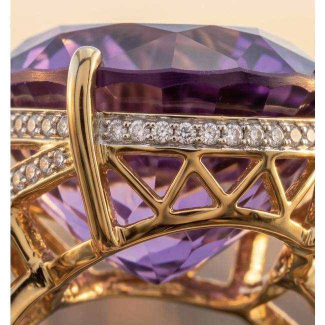 Empress of Uruguay 32.2 carat natural Amethyst .925 Sterling Silver dipped in 22K Gold Handcrafted Ring size 7 3/4 - Close-up of Empress of Uruguay amethyst ring with gold accents