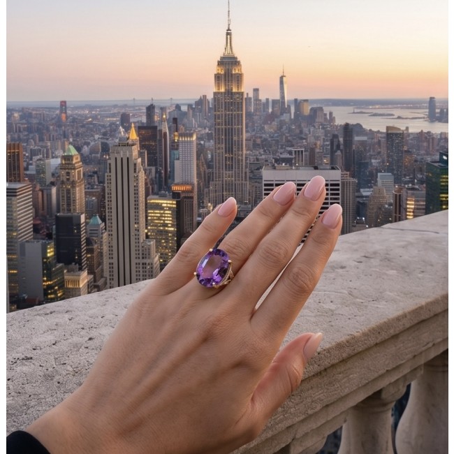 Empress of Uruguay 32.2 carat natural Amethyst .925 Sterling Silver dipped in 22K Gold Handcrafted Ring size 7 3/4 - Amethyst ring worn on hand, New York City skyline in the background.