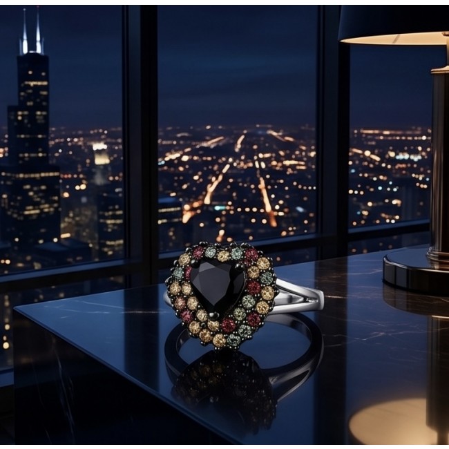 Blue Heart 8.2 carat natural Sapphire .925 Sterling Silver Perfectly handcrafted Ring s. 8 - Heart-shaped sapphire ring on table with city night view background