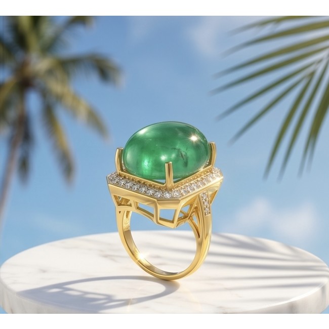 Translucent Imperial Green Jadeite of Unmatched Quality .925 Sterling Silver dipped in 22K Gold handmade Cocktail Ring s. 7 - Side view of a translucent Imperial Green Jadeite gold ring.