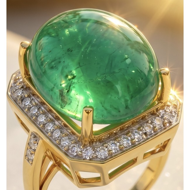 Translucent Imperial Green Jadeite of Unmatched Quality .925 Sterling Silver dipped in 22K Gold handmade Cocktail Ring s. 7 - Close-up of emerald green jadeite ring with diamond accents.