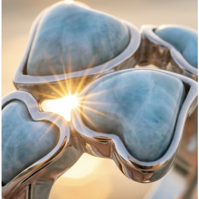 12.9 carat Blue Hearts natural Larimar .925 Sterling Silver handmade ring size 8 1/4 - Stone close-up of Blue Hearts Larimar in sterling silver setting.