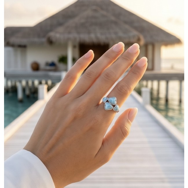 12.9 carat Blue Hearts natural Larimar .925 Sterling Silver handmade ring size 8 1/4 - Blue Hearts Larimar ring on hand with ocean view background
