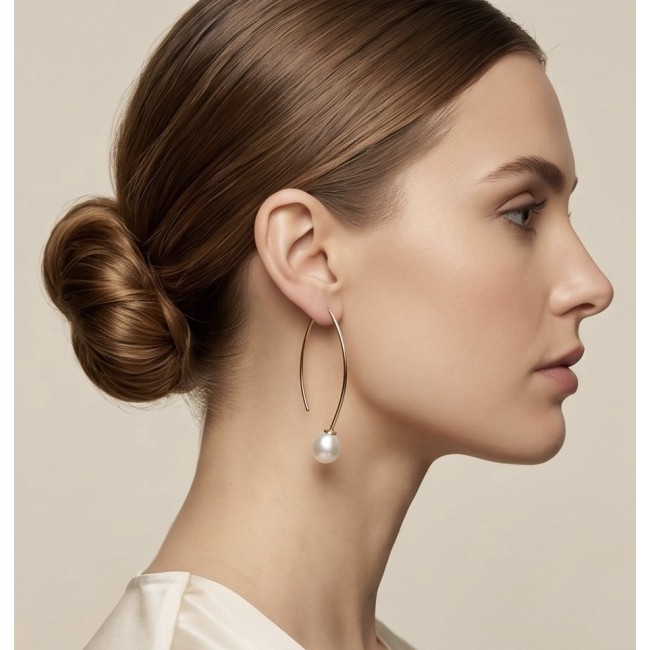 Summer Time Pearl 14K Gold over .925 Sterling Silver handcrafted long Earrings - Side view of woman wearing Summer Time Pearl hoop earring.
