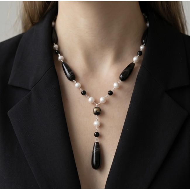 Black and White 26 inches authentic Onyx Pearl .925 Sterling Silver handmade Station Necklace - Necklace worn on neck, black onyx and white pearl detail view