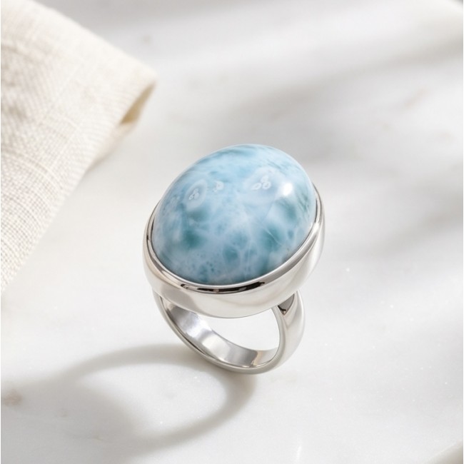 26.8 carat Blue Perfection natural Larimar .925 Sterling Silver handmade Large ring size 8 adjustable - Close-up of 26.8 carat Larimar ring in .925 sterling silver.
