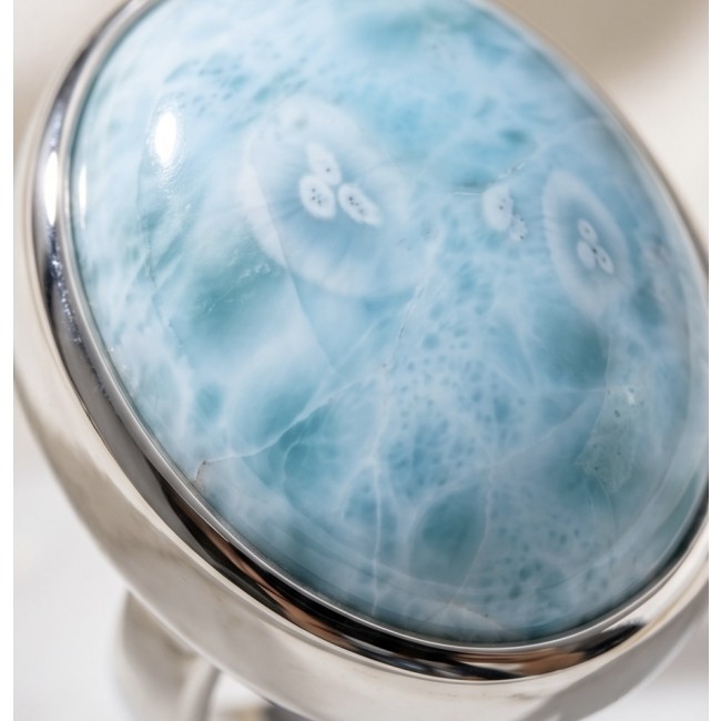 26.8 carat Blue Perfection natural Larimar .925 Sterling Silver handmade Large ring size 8 adjustable - Close-up of 26.8 carat Blue Perfection Larimar in .925 Sterling Silver.