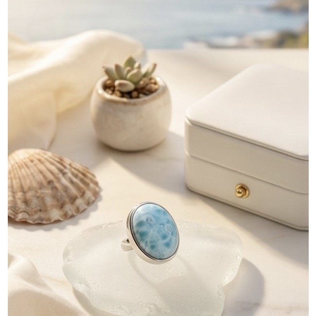 26.8 carat Blue Perfection natural Larimar .925 Sterling Silver handmade Large ring size 8 adjustable - Blue Larimar ring close-up with seashell and jewelry box in background