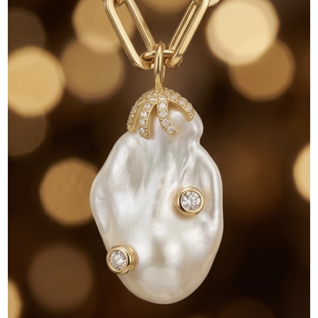 Precious Mother of Pearl 18K Gold over .925 Sterling Silver .925 Sterling Silver Necklace; 16 inches long - Close-up of pearl pendant with diamonds and gold detailing.