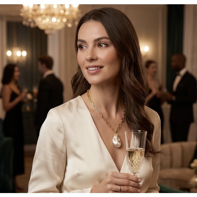 Precious Mother of Pearl 18K Gold over .925 Sterling Silver .925 Sterling Silver Necklace; 16 inches long - Woman wearing necklace with pearl pendant at elegant event.