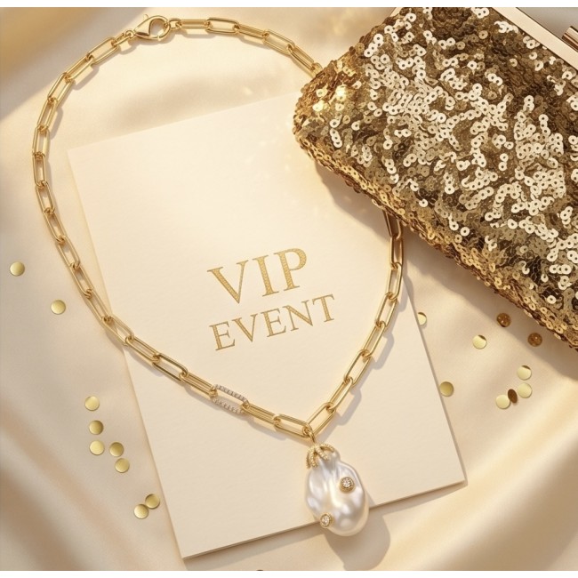 Precious Mother of Pearl 18K Gold over .925 Sterling Silver .925 Sterling Silver Necklace; 16 inches long - Necklace with pearl pendant on VIP event card, top view display.