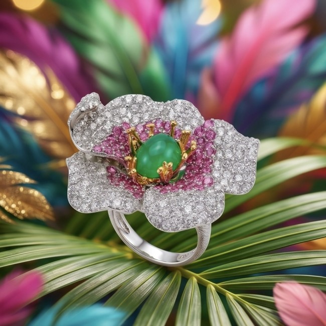 Dolce Vita Imperial Green Jadeite 2 tones .925 Sterling Silver dipped in rhodium handmade Cocktail Ring s. 7 - Close-up of floral ring with jadeite and gemstones on colorful background