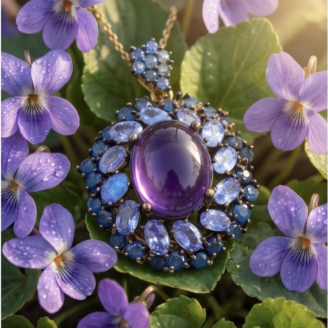 Mademoiselle - 10.4 carat natural Amethyst .925 Sterling Silver dipped in 22K White Gold handcrafted Pendant - Close-up of amethyst necklace, surrounded by purple flowers.