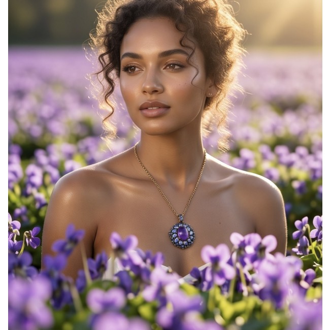 Mademoiselle - 10.4 carat natural Amethyst .925 Sterling Silver dipped in 22K White Gold handcrafted Pendant - Woman wearing amethyst necklace in a field of purple flowers.