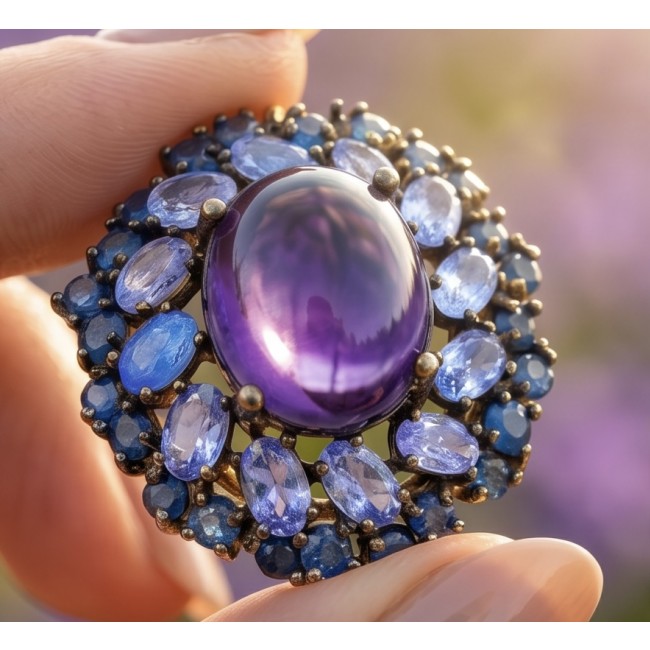 Mademoiselle - 10.4 carat natural Amethyst .925 Sterling Silver dipped in 22K White Gold handcrafted Pendant - Close-up of Mademoiselle amethyst ring with blue gemstones.