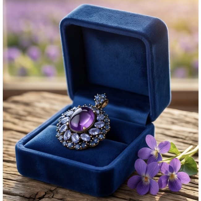 Mademoiselle - 10.4 carat natural Amethyst .925 Sterling Silver dipped in 22K White Gold handcrafted Pendant - Amethyst pendant in a blue box with purple flowers, front view.
