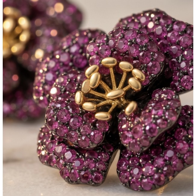 Exotic Flowers - 18.8 carat Mozambique Ruby .925 Sterling Silver dipped in black rhodium 22K Gold handmade Statement Earrings - Close-up of Exotic Flowers ruby and gold detail in sterling silver.