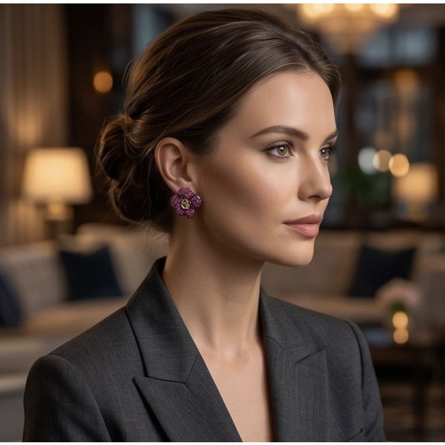 Exotic Flowers - 18.8 carat Mozambique Ruby .925 Sterling Silver dipped in black rhodium 22K Gold handmade Statement Earrings - Side view of exotic flower earrings worn on a model.
