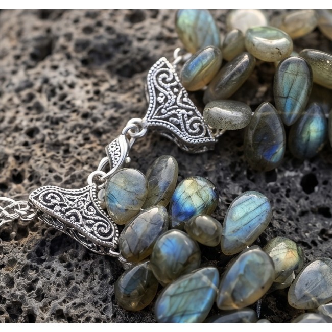 Blue Cascade Genuine Labradorite .925 Sterling Silver handcrafted Necklace - Labradorite necklace stone close-up with silver detailing