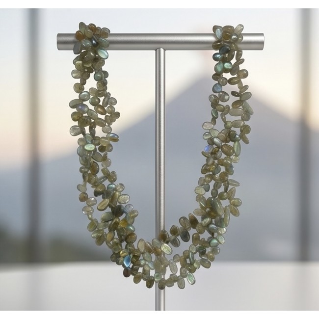 Blue Cascade Genuine Labradorite .925 Sterling Silver handcrafted Necklace - Necklace display of Blue Cascade Genuine Labradorite on silver stand