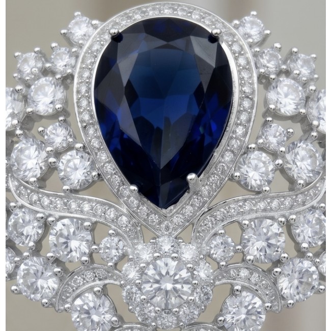 Heirloom Genuine 10.5 carat Sapphire .925 Sterling Silver handmade Pendant - Brooch - Close-up of sapphire and diamond sterling silver brooch detail.