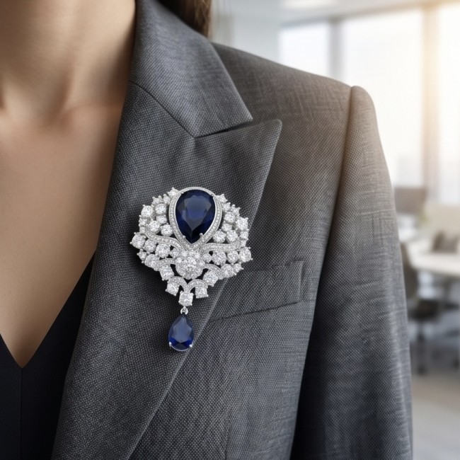 Heirloom Genuine 10.5 carat Sapphire .925 Sterling Silver handmade Pendant - Brooch - Large sapphire brooch on lapel, front view, intricate silver detailing