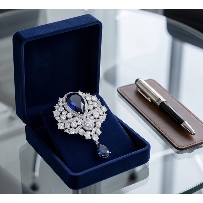 Heirloom Genuine 10.5 carat Sapphire .925 Sterling Silver handmade Pendant - Brooch - Sapphire brooch in velvet box, top view with pen nearby.