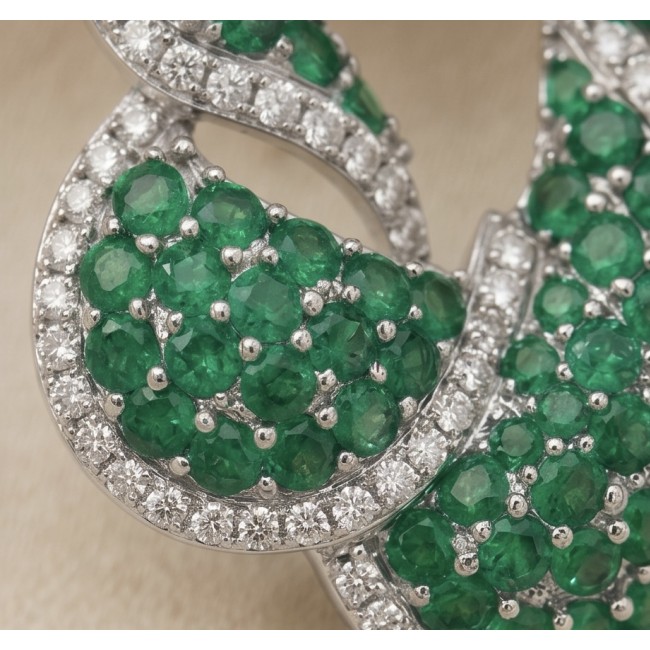 Royalty 7.9 carat authentic pave Colombian Emerald .925 Sterling Silver dipped in Rhodium Handcrafted Statement Earrings - Stone close-up of 7.9 carat Colombian emerald with diamonds in .925 silver.
