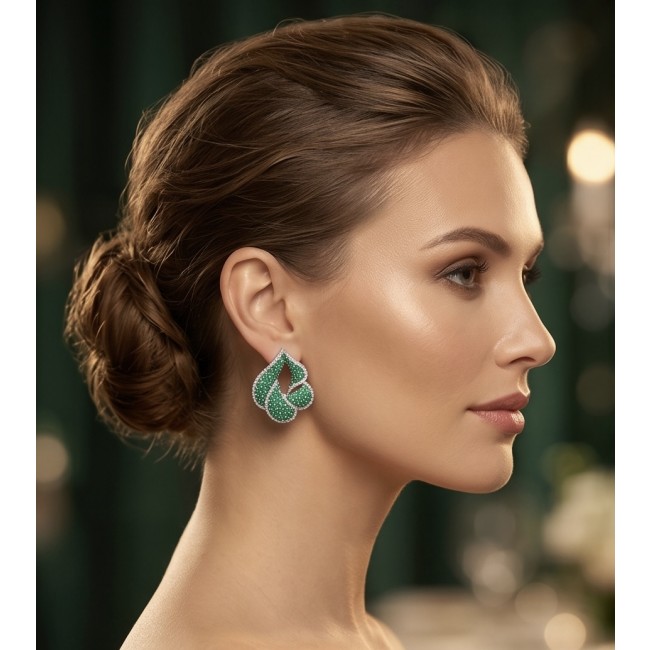 Royalty 7.9 carat authentic pave Colombian Emerald .925 Sterling Silver dipped in Rhodium Handcrafted Statement Earrings - Side view of earrings worn, featuring emerald pavé design