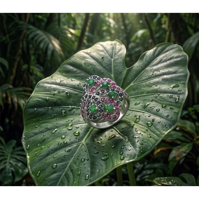 Exotic Beauty Authentic 8.2 carat Colombian Emerald .925 Sterling Silver handcrafted Ring size 7 1/4 - Emerald ring on leaf, forest setting, close-up view.