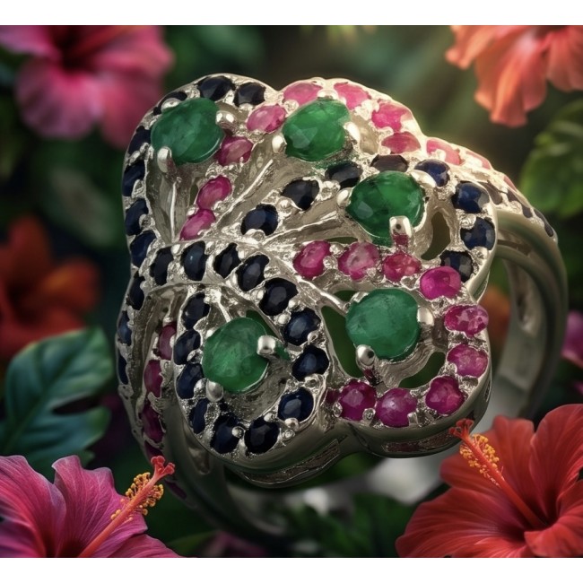 Exotic Beauty Authentic 8.2 carat Colombian Emerald .925 Sterling Silver handcrafted Ring size 7 1/4 - Close-up of Colombian emerald ring with colorful gemstones and floral backdrop.