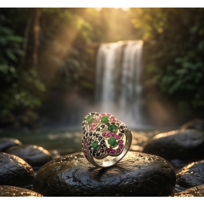 Exotic Beauty Authentic 8.2 carat Colombian Emerald .925 Sterling Silver handcrafted Ring size 7 1/4 - Exotic ring with colorful stones in nature setting, front view.
