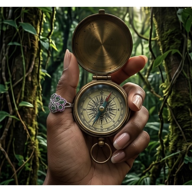 Exotic Beauty Authentic 8.2 carat Colombian Emerald .925 Sterling Silver handcrafted Ring size 7 1/4 - Compass in hand with Exotic Beauty Colombian Emerald ring, forest background