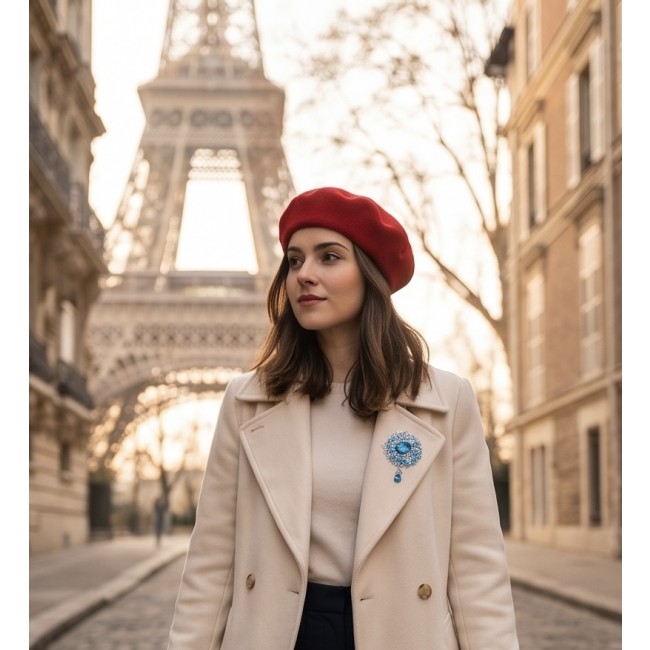 An exuberantly Large 70.2 grams Vintage style Swiss Blue Topaz .925 Sterling Silver DIPPED IN RHODIUM handmade LARGE Pendant - Brooch - Woman wearing beige coat with brooch in front of Eiffel Tower