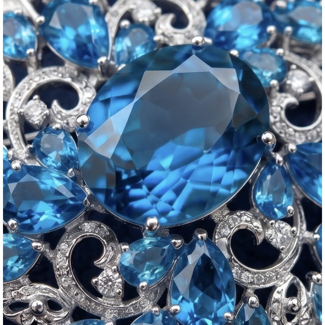 An exuberantly Large 70.2 grams Vintage style Swiss Blue Topaz .925 Sterling Silver DIPPED IN RHODIUM handmade LARGE Pendant - Brooch - Close-up of vintage style Swiss Blue topaz stones in intricate setting