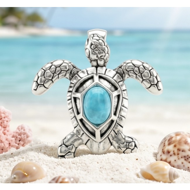 Exotic Turtle natural Larimar .925 Sterling Silver handcrafted Pendant - Turtle pendant with larimar stone on sand, beach background, front view