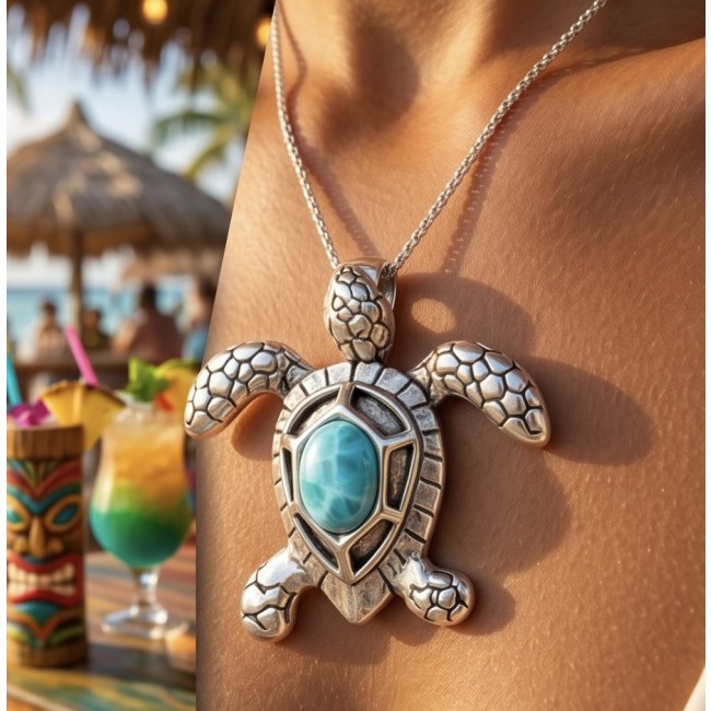 Exotic Turtle natural Larimar .925 Sterling Silver handcrafted Pendant - Close-up of turtle pendant with blue Larimar stone, worn on neck.