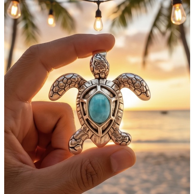 Exotic Turtle natural Larimar .925 Sterling Silver handcrafted Pendant - Hand holding turtle pendant with Larimar stone at sunset beach background