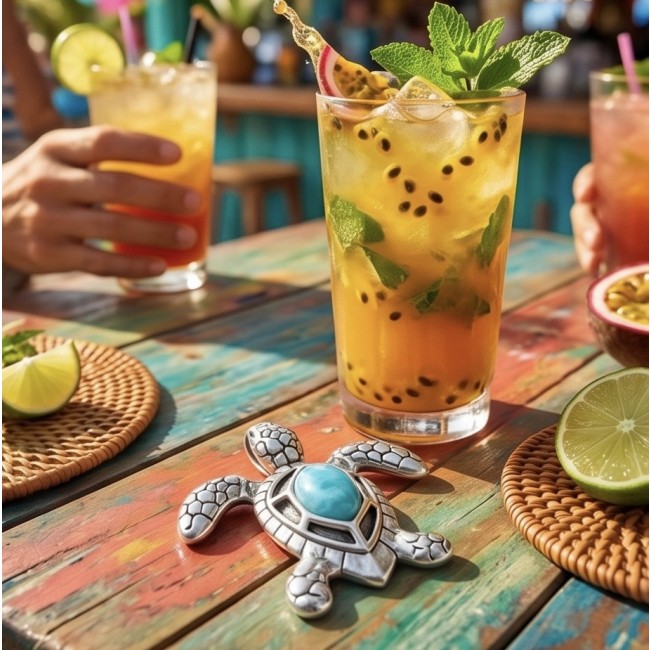 Exotic Turtle natural Larimar .925 Sterling Silver handcrafted Pendant - Turtle Larimar silver pendant on colorful table with drinks.