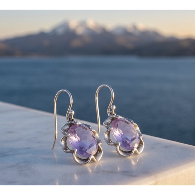 Norwegian Pink Fiord Quartz .925 Sterling Silver earrings - Close-up of Norwegian Pink Fiord Quartz sterling silver earrings.