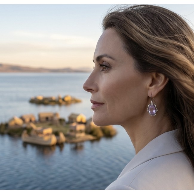 Norwegian Pink Fiord Quartz .925 Sterling Silver earrings - Side view of Norwegian Pink Fiord Quartz sterling silver earrings worn