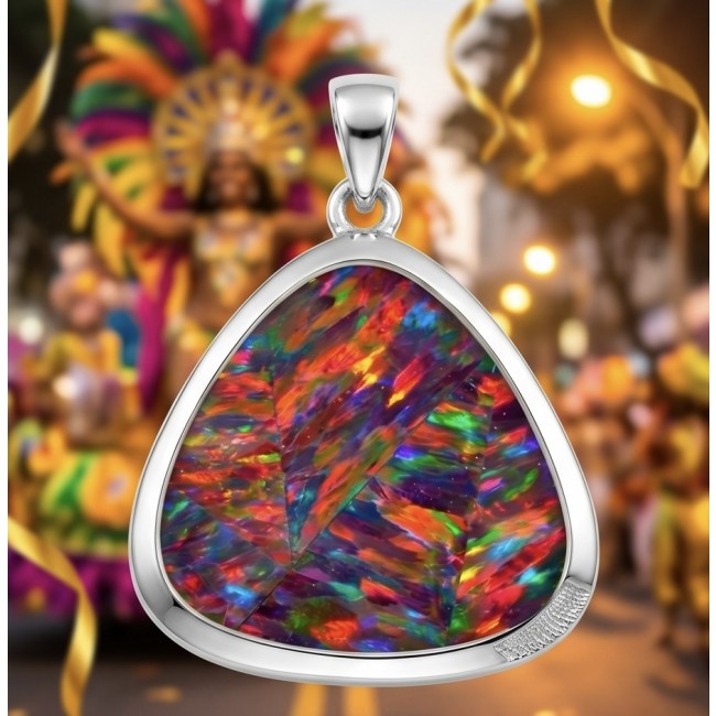 Kaleidopscop 19.5 carat Australian Doublet Opal .925 Sterling Silver handcrafted pendant - Triangular Australian opal pendant close-up with vibrant colors