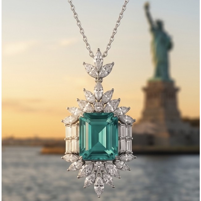 Freedom- Natural 18.5 carat Emerald Moissanite .925 Sterling Silver handcrafted Necklace - Emerald and moissanite necklace, front view, Statue of Liberty background