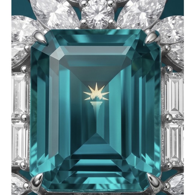 Freedom- Natural 18.5 carat Emerald Moissanite .925 Sterling Silver handcrafted Necklace - Close-up of 18.5 carat emerald moissanite with surrounding diamonds