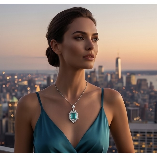 Freedom- Natural 18.5 carat Emerald Moissanite .925 Sterling Silver handcrafted Necklace - Woman wearing Freedom moissanite and emerald necklace, city skyline backdrop.